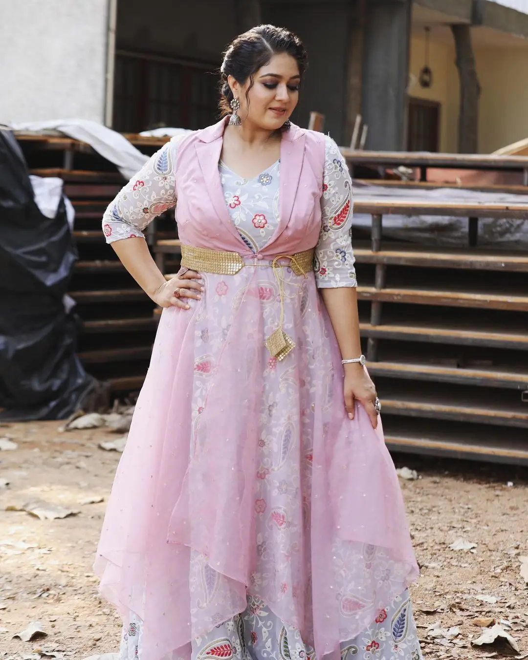 Meghana Raj Wearing Beautiful Earring Pink Designer Gown